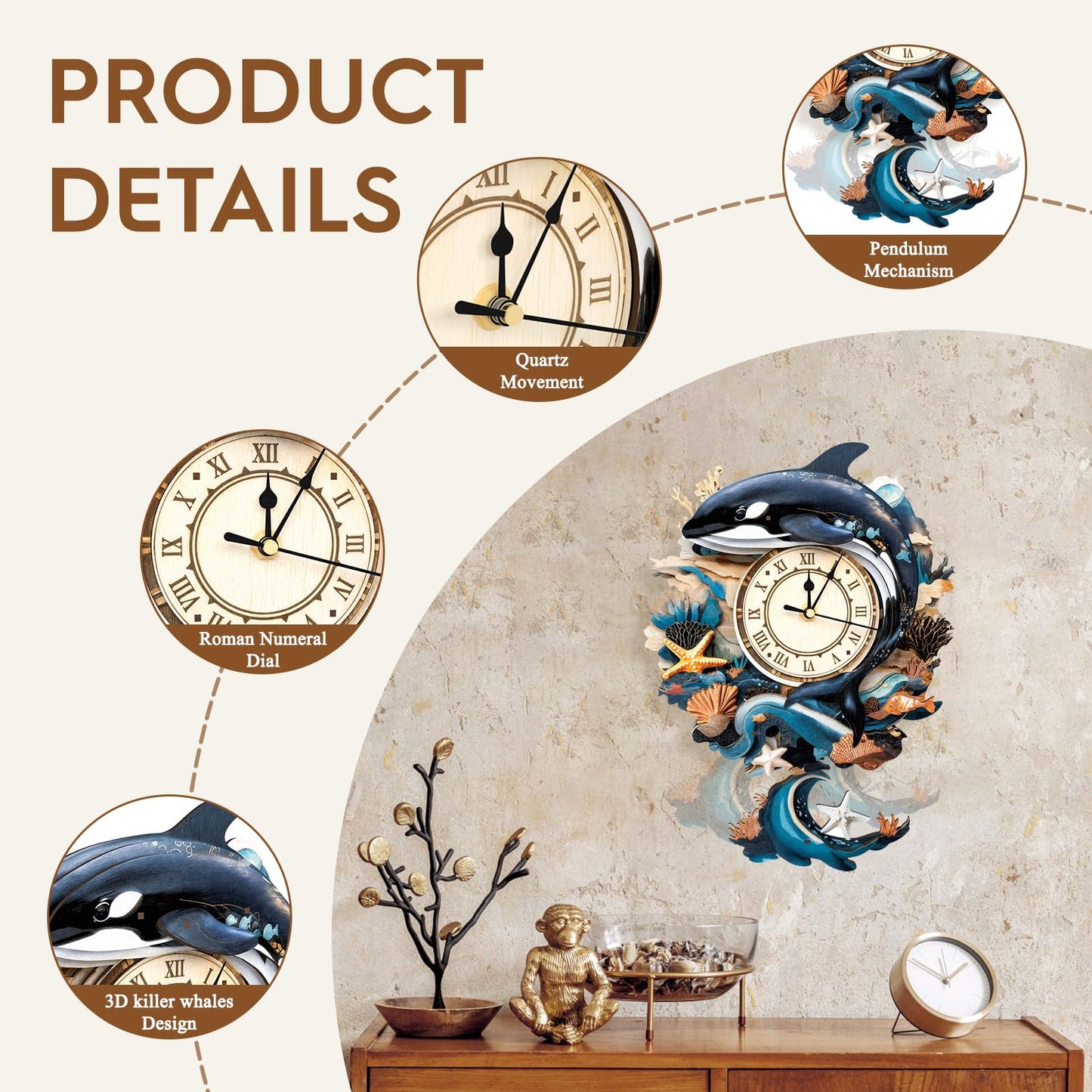 Cutywood 3D Puzzles for Adults Clock-Killer Whale Design Model Kit-Mechanical DIY Pendulum Clock with Roman Numerals-Desk Home Office Decor Personalized Gift for DIY Lovers