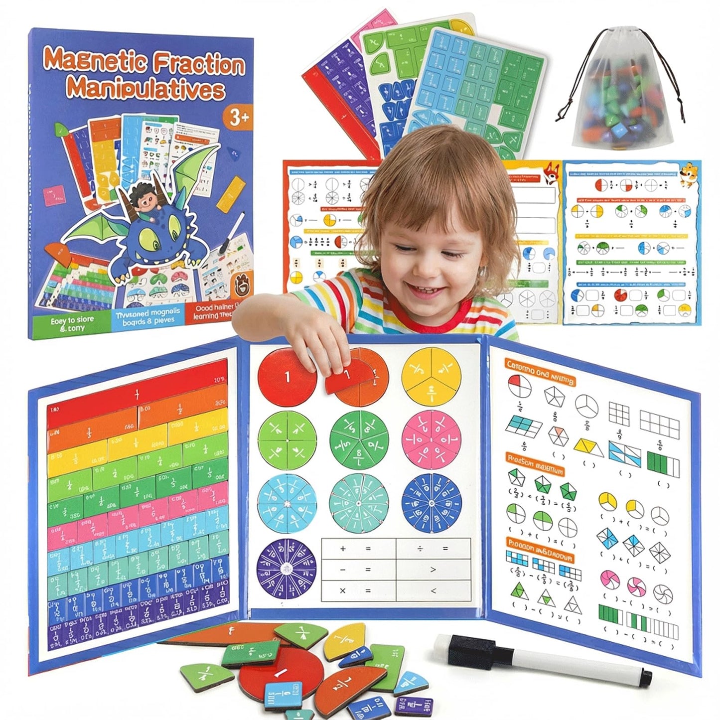 Magnetic Fraction Demonstration Book, Magnetic Fraction Tiles & Circles Educational Puzzle Set, Montessori Fraction Playbook for Kids, Math Manipulatives for Elementary School