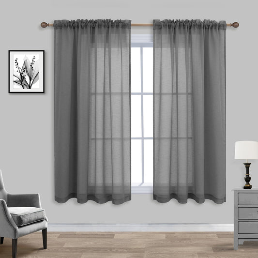 Charcoal Gray Curtains Sheer 45 Inches Long for Kitchen Pair Set 2 Panels Rod Pocket Casual Fresh Dark Grey Drape Light Filtering Airy Linen Look Curtain for Bathroom Bedroom Doorway 52x45 Inch Length