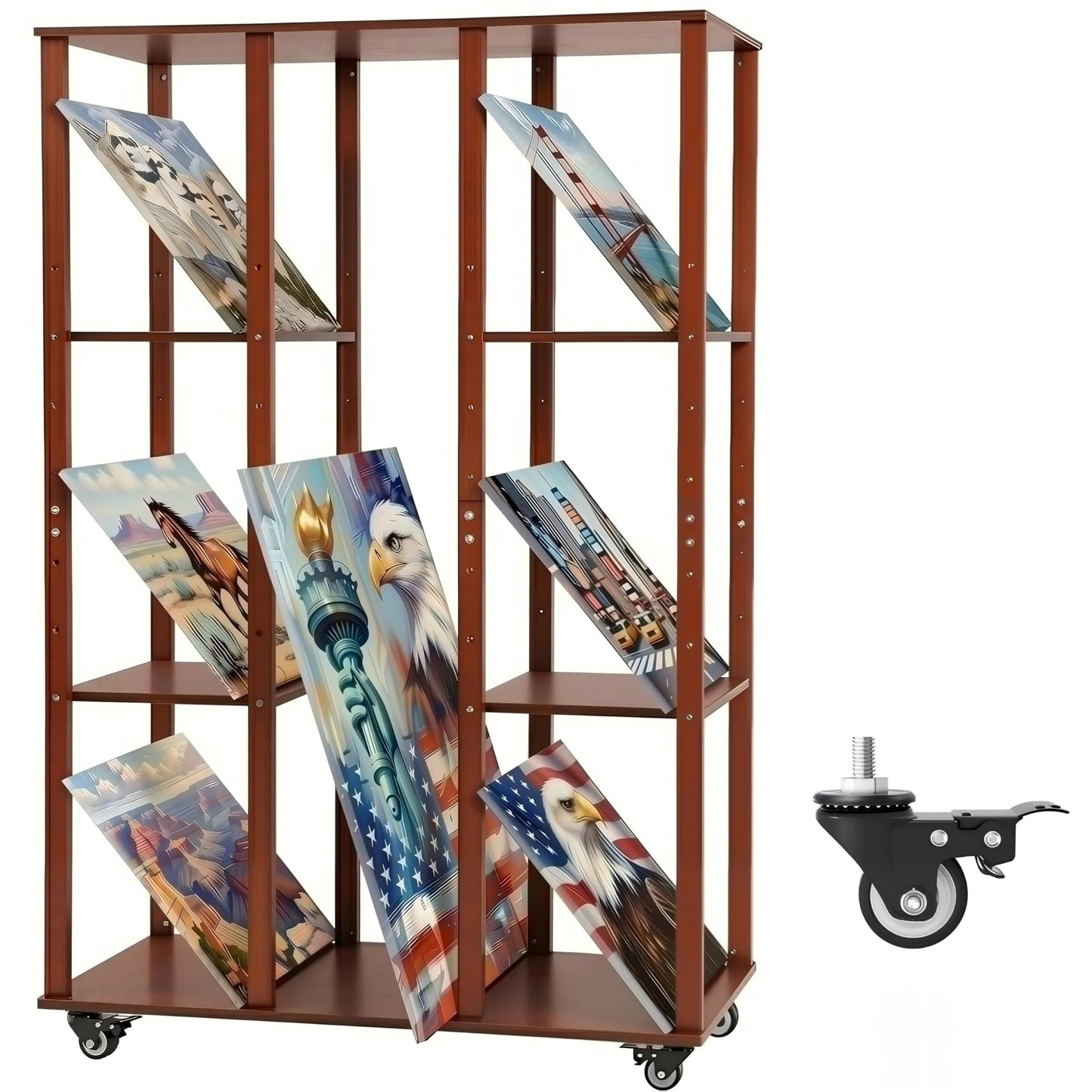 MOOFI Extra-Large Art Storage Rack with Wheels, Adjustable Display Wooden Drying Rack for Canvas, Panels, Prints and Artworks, Multi-Tier Art Organizer for Galleries, Classroom, Studios (Walnut)