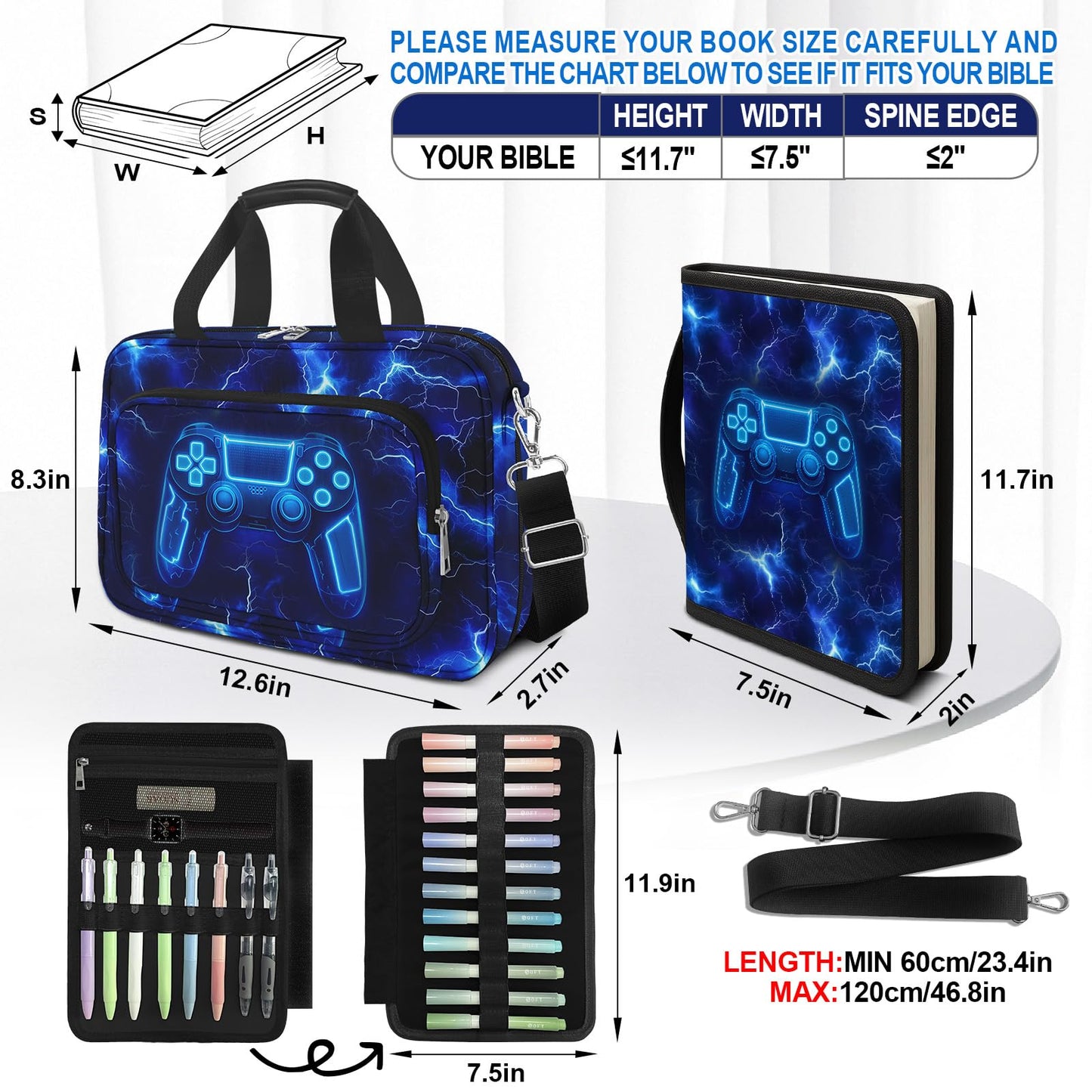 IBOVODI Kids Bible Cover Game Bible Case for Boys Large Carrying Book Case Church Bag Bible Protective with Handle and Zippered Pocket Study Supplies Accessories Men Christian Gifts,Lightning Game
