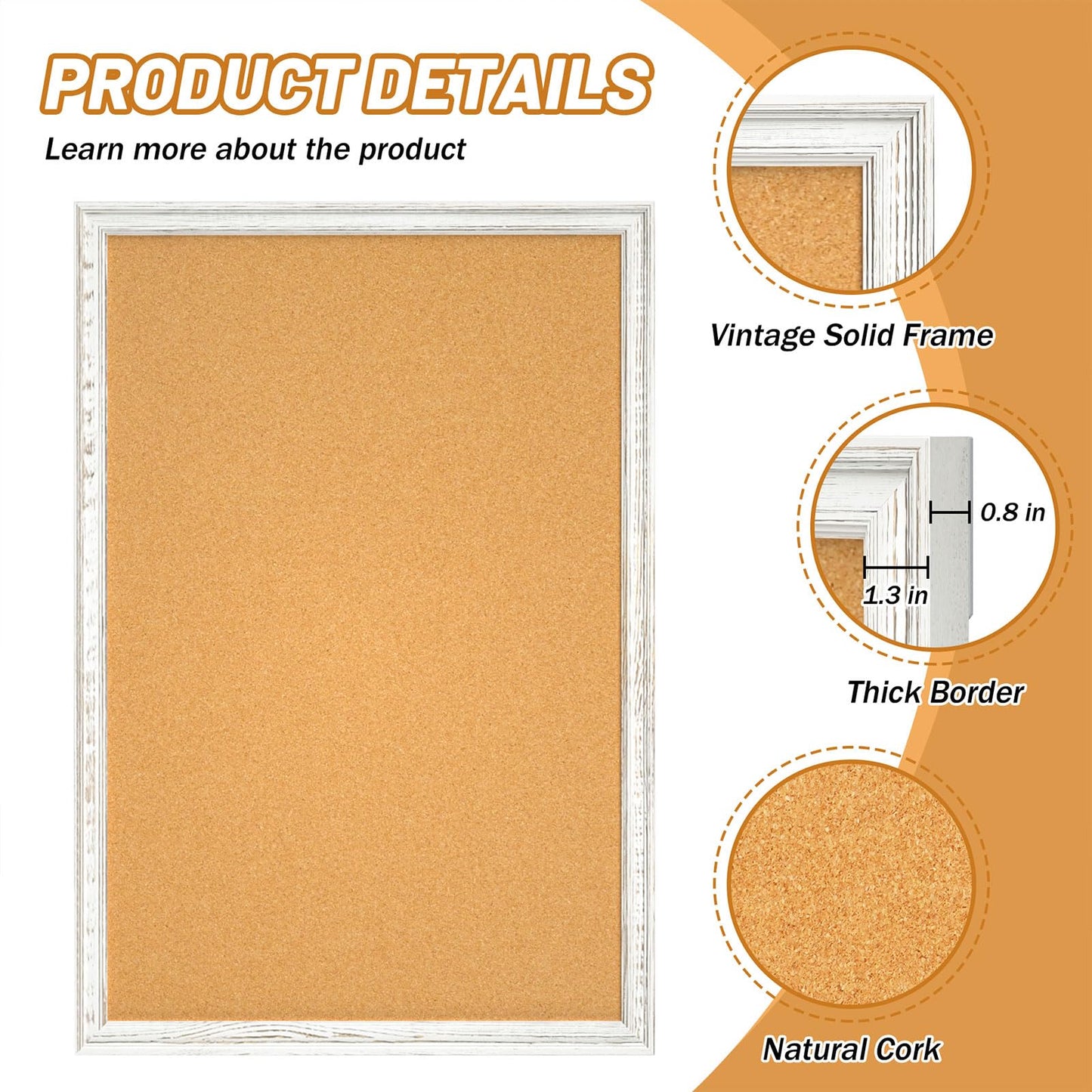 White Cork Board for Wall, 36 x 24 inches Decorative Bulletin Board, Rustic Wooden Frame Pin Board for Office, Dorm, Home Decor