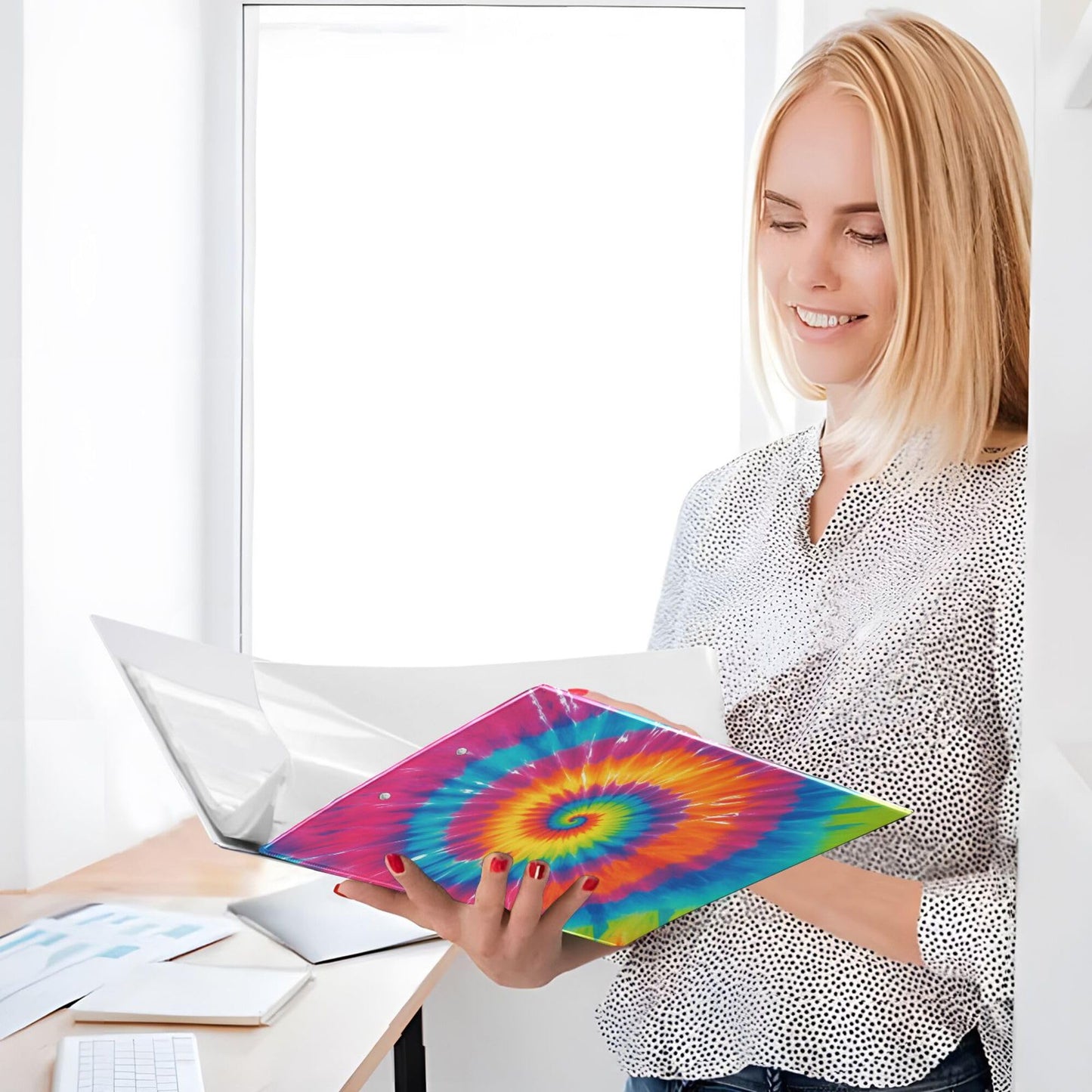 Tie Dye Round Ring Binders 1.5 Inch Rainbow 3 Ring Clipboard Binder for Office School Work Supplies File Folder 200 Sheet Capacity