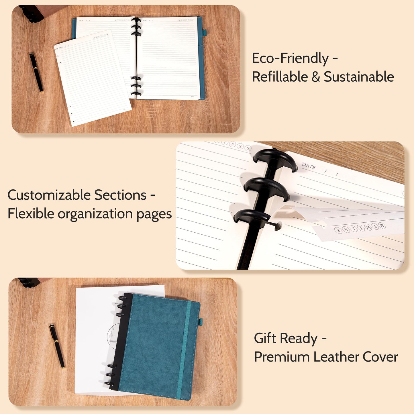 Yoment Refillable Notebooks for Work 5 Subject with Removable Dividers Tabs 240 Pages Hardcover Leather Journals for Writing Large Discbound Planner Colleged Ruled Paper for Women Men 8.58 x 11,Blue
