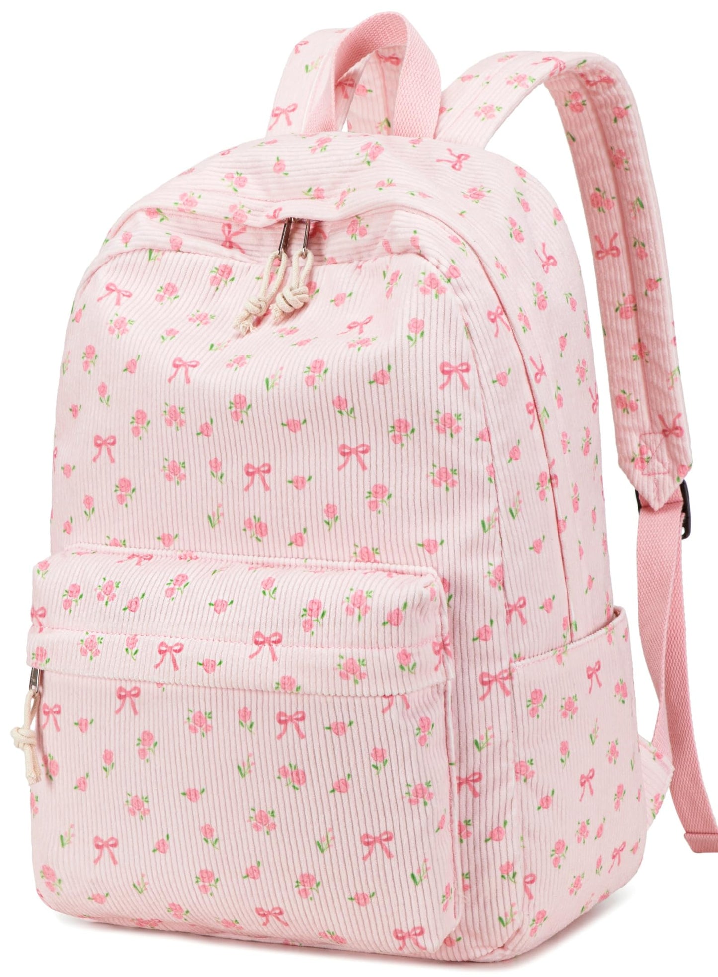 BTOOP School Backpack for Girls Teens Large Corduroy Bookbag Lightweight Casual High School College Backpacks 17 inch Laptop Travel Bag (Pink Bow Floral-1)