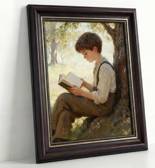 Vintage Dark Brown Framed Boys Books Canvas Wall Art Inspirational Kids Educational Wall Decor Picture Boys Reading Under A Tree Poster Print for Children'S Room Living Room Bedroom Home Decoration