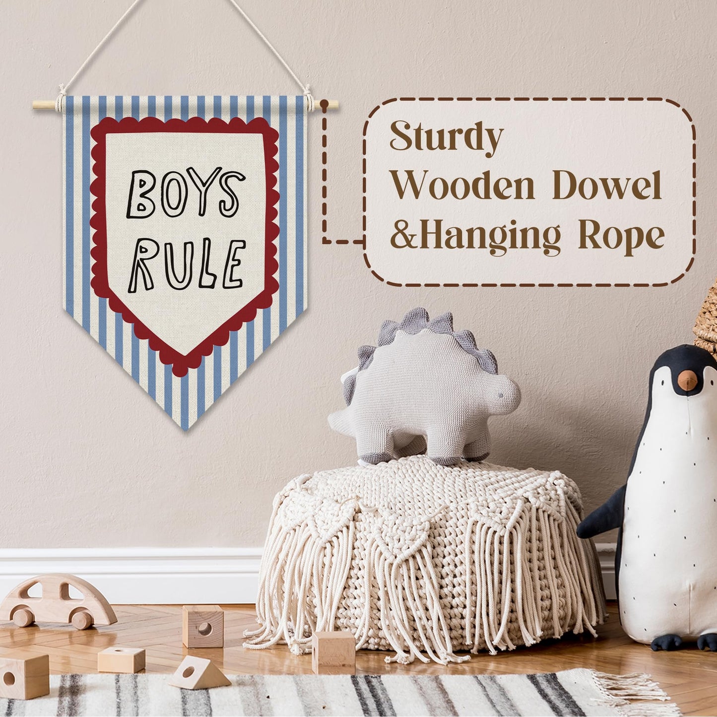 RUKUPA Boy Nursery Wall Art Decor, Kids Playroom Hanging Pennant Flag, Boys Rule Blue Striped Wall Art Poster Hanger for Kids Boy Nursery Toddler Room Bedroom Playroom Decor, 11x15 Inch