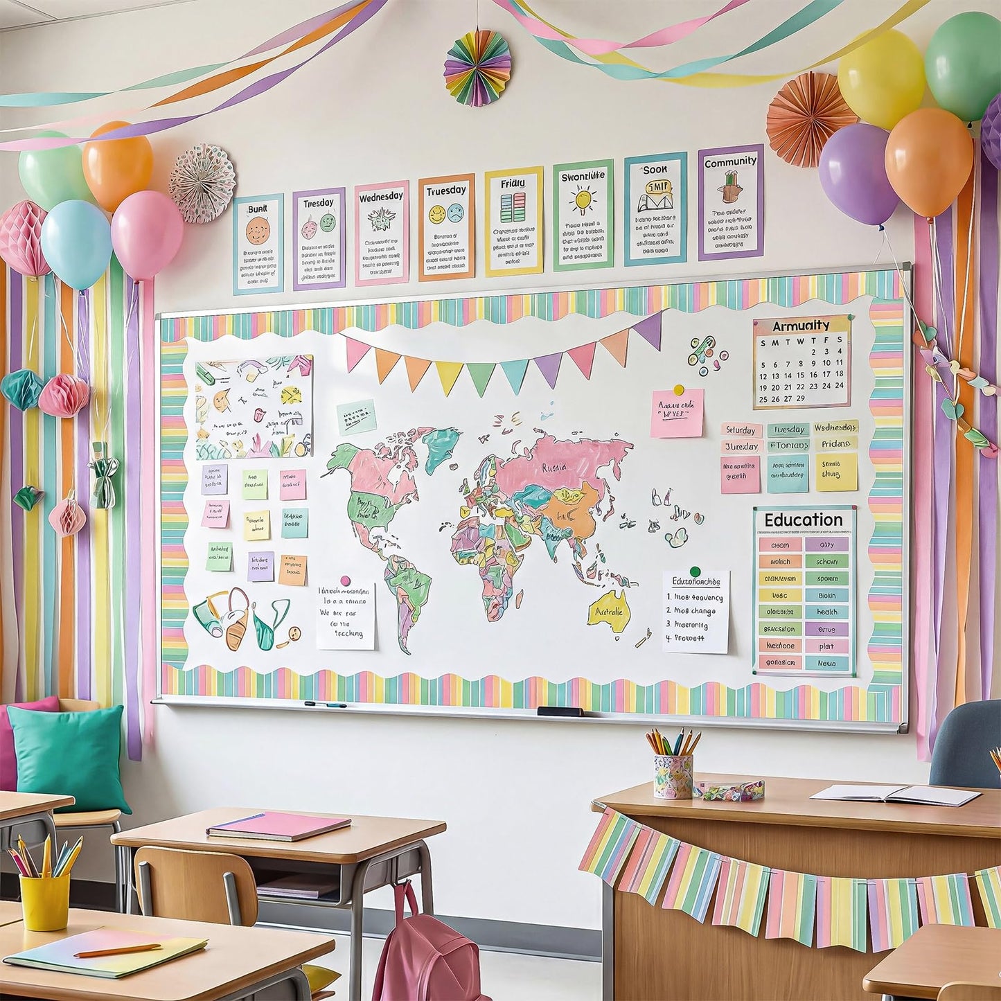 Tenceur 48 ft x 2.76 Inch Magnetic Borders for Whiteboard Decoration, Pastel Vertical Stripes Magnetic Bulletin Board Border Set for Summer Classroom Office Chalkboard Poster Board Decor