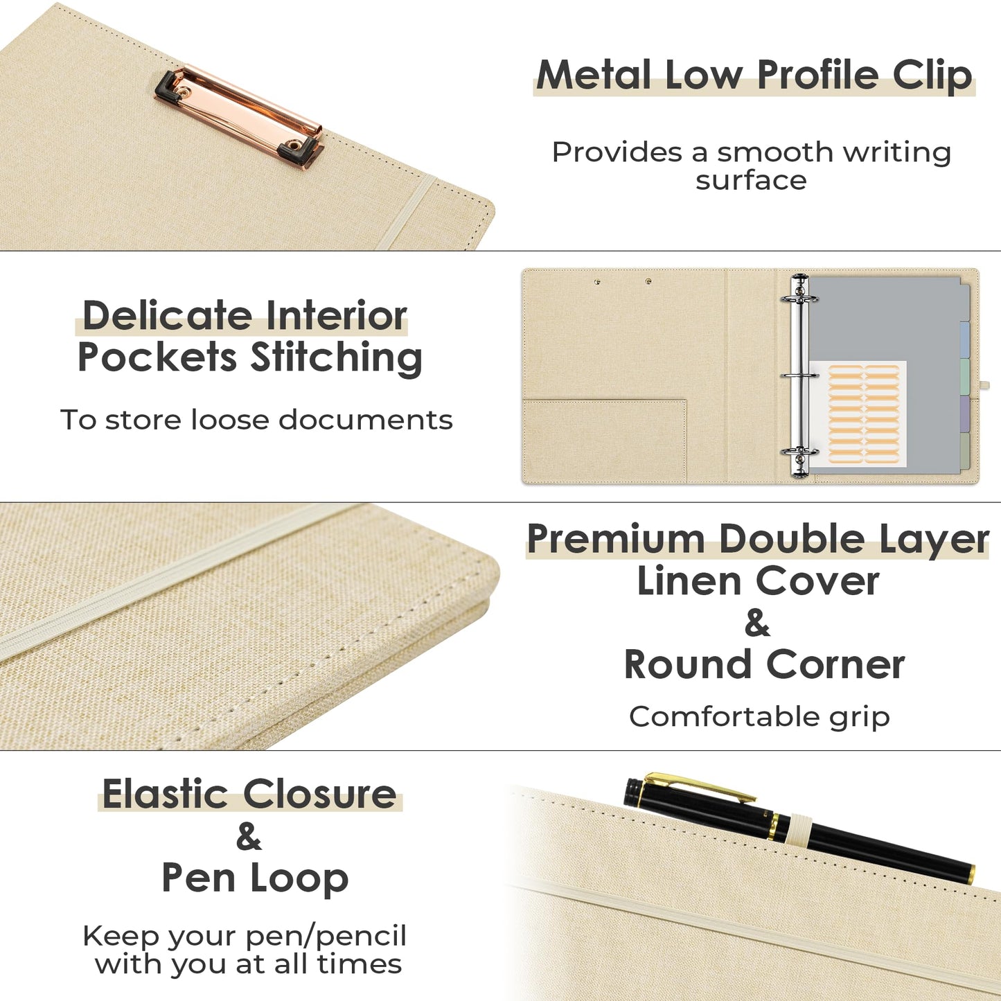 EYROZILL 3 Ring Binder 2 Inch, Binder for Letter Size (11" x 8.5") with 5 Tab Dividers, File Folder Labels and Low Profile Clipboards, Apricot