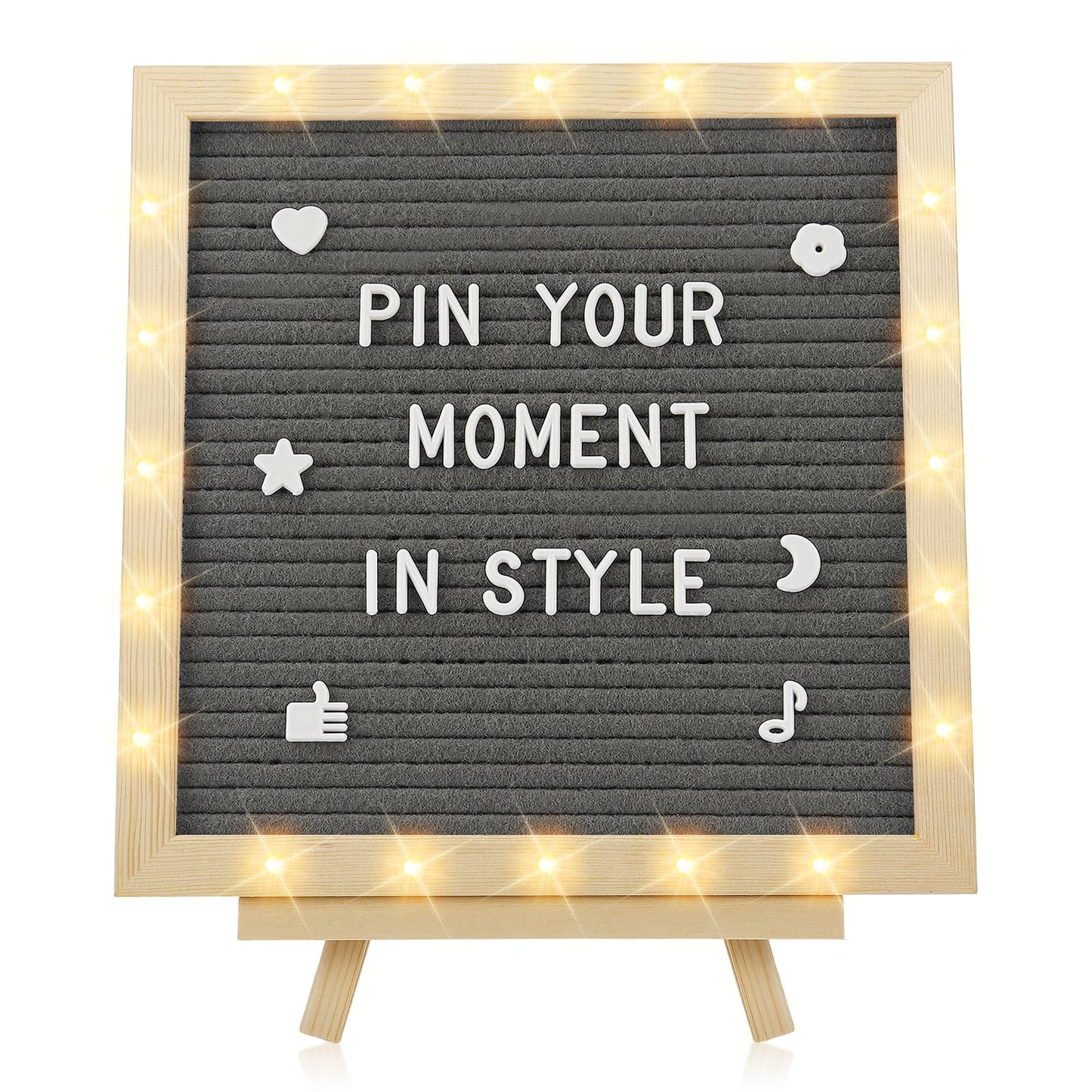 Felt Letter Board with LED Lights - 10 ×10" Custom Message Board with Changeable Letters & Stand, First Day of School Sign/Graduation/Pregnancy/Baby Announcement/Wedding/Classroom Decor, Grey