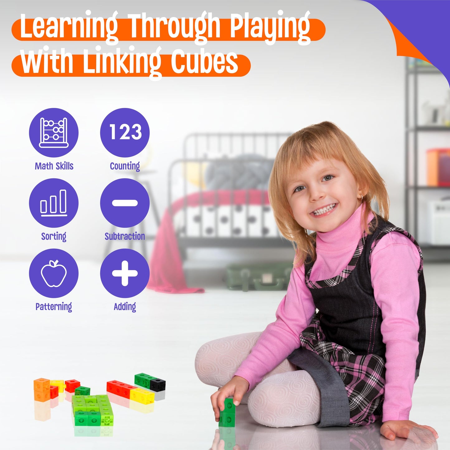 100 Math Linking Cubes, Math Cubes with 320 Reusable Stickers Manipulative Geometric Shapes Connecting and Counting Snap Blocks for Early Math & Construction, Educational Toy for Preschool, Homeschool
