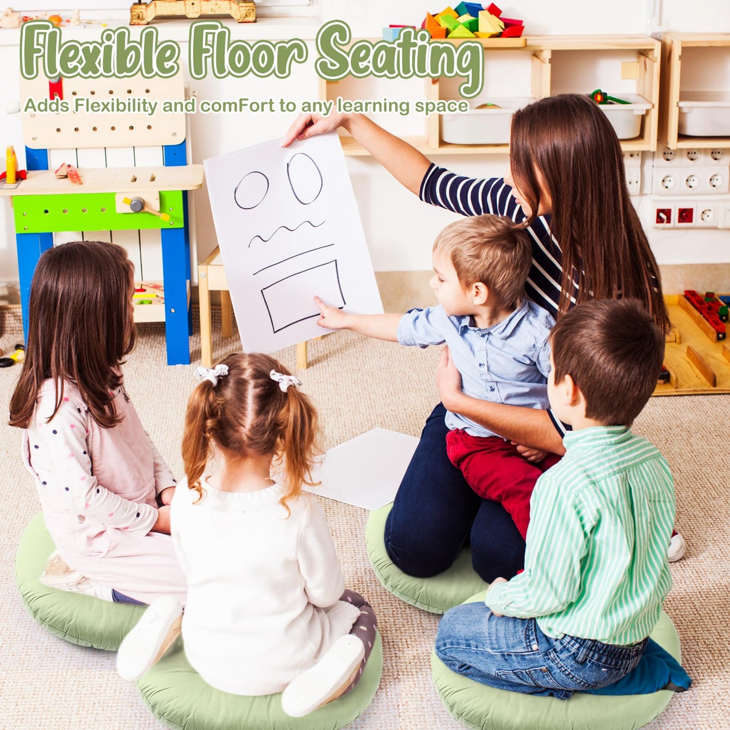 Fumete 12 Pcs Round Floor Pillows Cushions Seating 16 x 16 Inches Floor Round Cushions for Kids Toddlers Flexible Reading Chair Pillows for Classroom Home School Playing Supplies(Green)