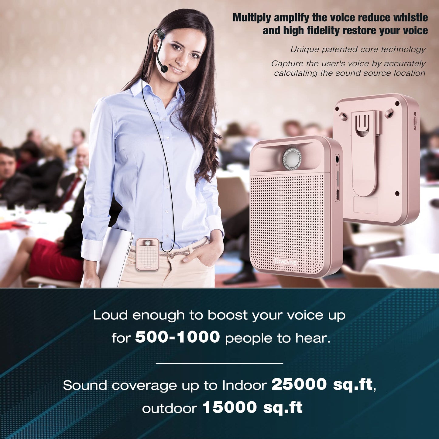 Voice Amplifier, Towevine Rechargeable Microphone for Teachers, Portable Speaker with Headset and Waistband for Classroom, Singing, Coach, Training, Presentation, Tour Guide (Pink)