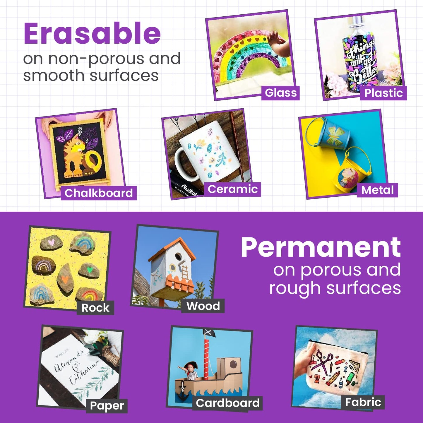5 Purple Chalkboard Chalk Pens - Purple Dry Erase Markers for Blackboard, Chalkboard Signs, Windows, Glass | Variety Pack - Fine & Jumbo Size Ink Pen (1mm, 3mm, 6mm, 10mm, 15mm)