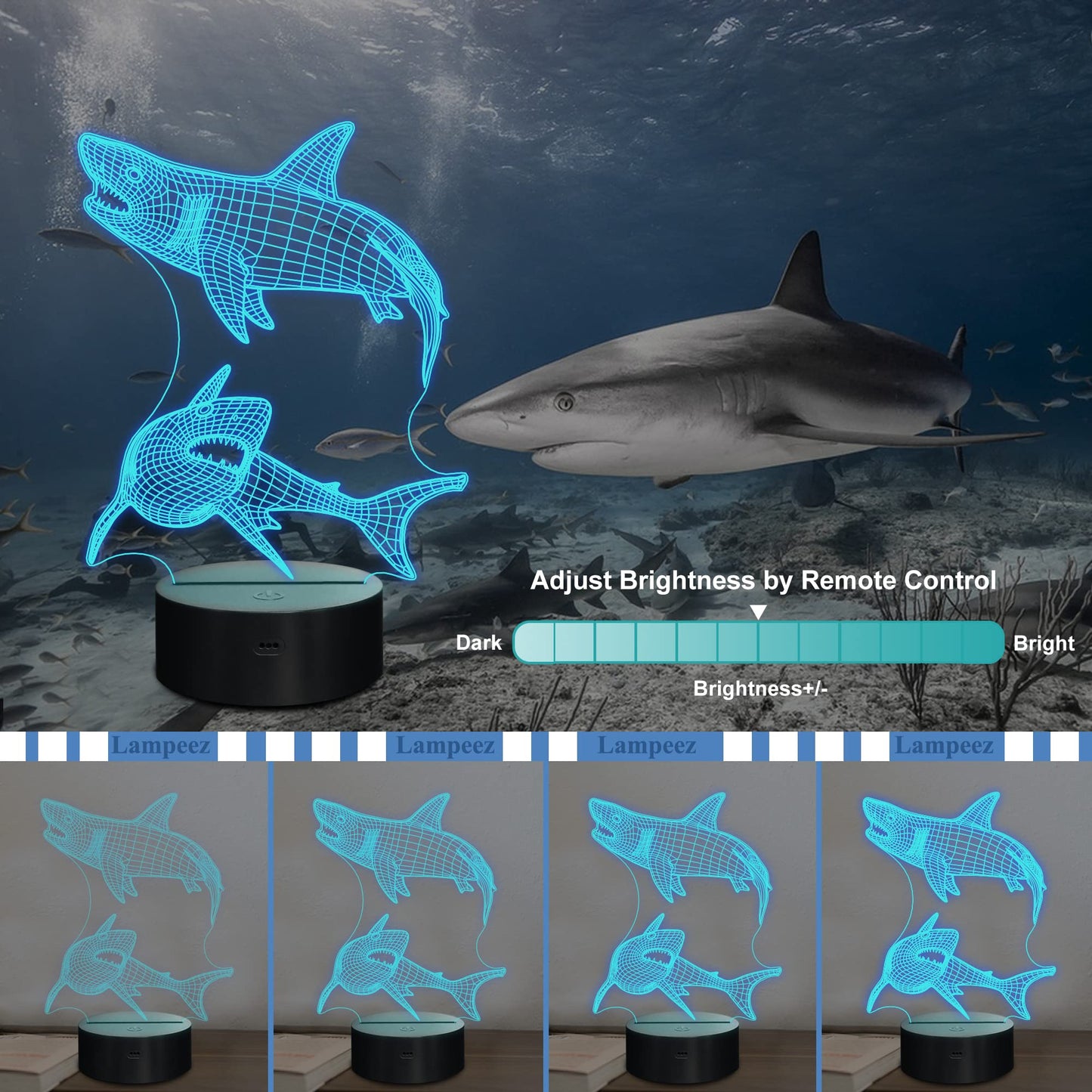 Lampeez 3D Shark Night Light - Multicolored Acrylic Lamp with Remote Control