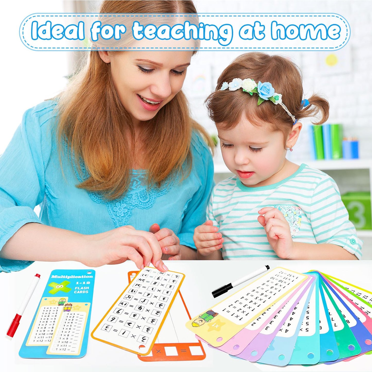 Anemeeoke 60Pack Multi Math Flash Cards, Addition Subtraction Multiplication Division Flashcard, with 2 Dry Erase Markers, 4 Rings, Educational Times Table Flashcards for Classroom Home