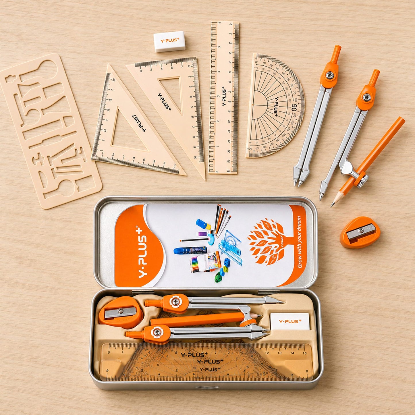 YPLUS Geometry Set for Students, Math Compass and Protractor Kit, School Supplies with Metal Tools, Formula Card and Storage Case, 11 Pcs Basic Geometry Set