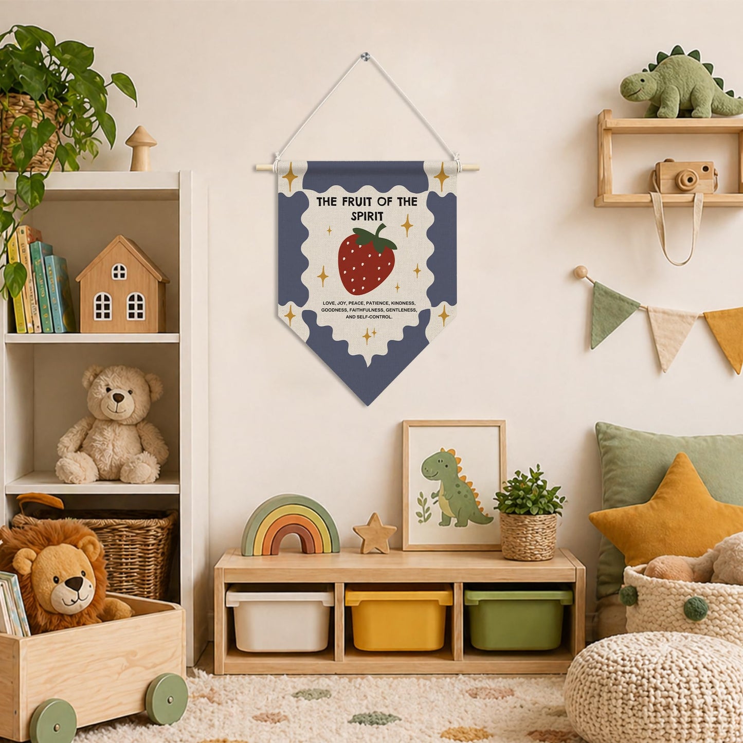 RUKUPA Christian Strawberry Wall Art Decor, the Fruit of the Spirit Bible Verse Hanging Pennant Flag, Religious Wall Art Poster Hanger for Home Bedroom Living Room Kitchen Girls Room Decor, 11x15 Inch