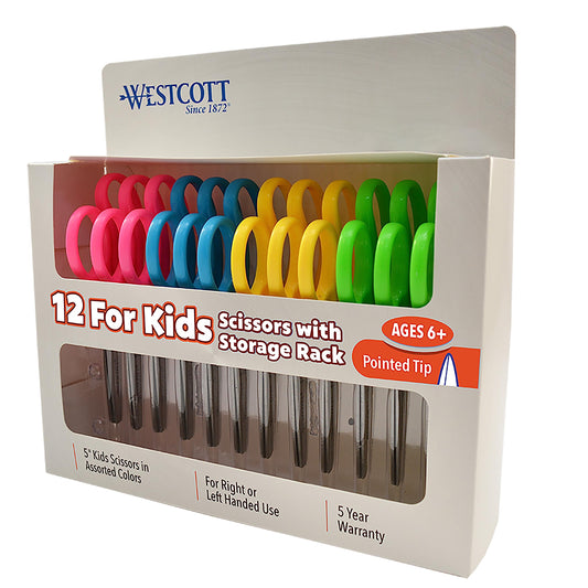 Westcott Right & Left-Handed Scissors For Kids - Back to School Essentials, Classroom Must Haves, Art Supplies - 5-Inch Pointed Safety Scissors - Assorted Colors - 12 Pack (ACM13141)
