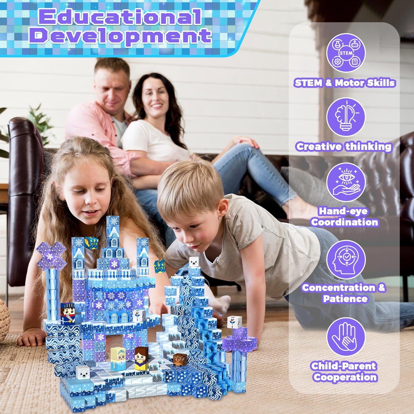 Magnetic Blocks - 100PCS Magnetic Building Block for Kids Age 3+, Transparent Magnet Cubes Blue Castle Building Toy Sets, STEM Magnets Toys Easter Birthday Gift for Boys Girls 4 5 6 7 8 9 10 11 12+
