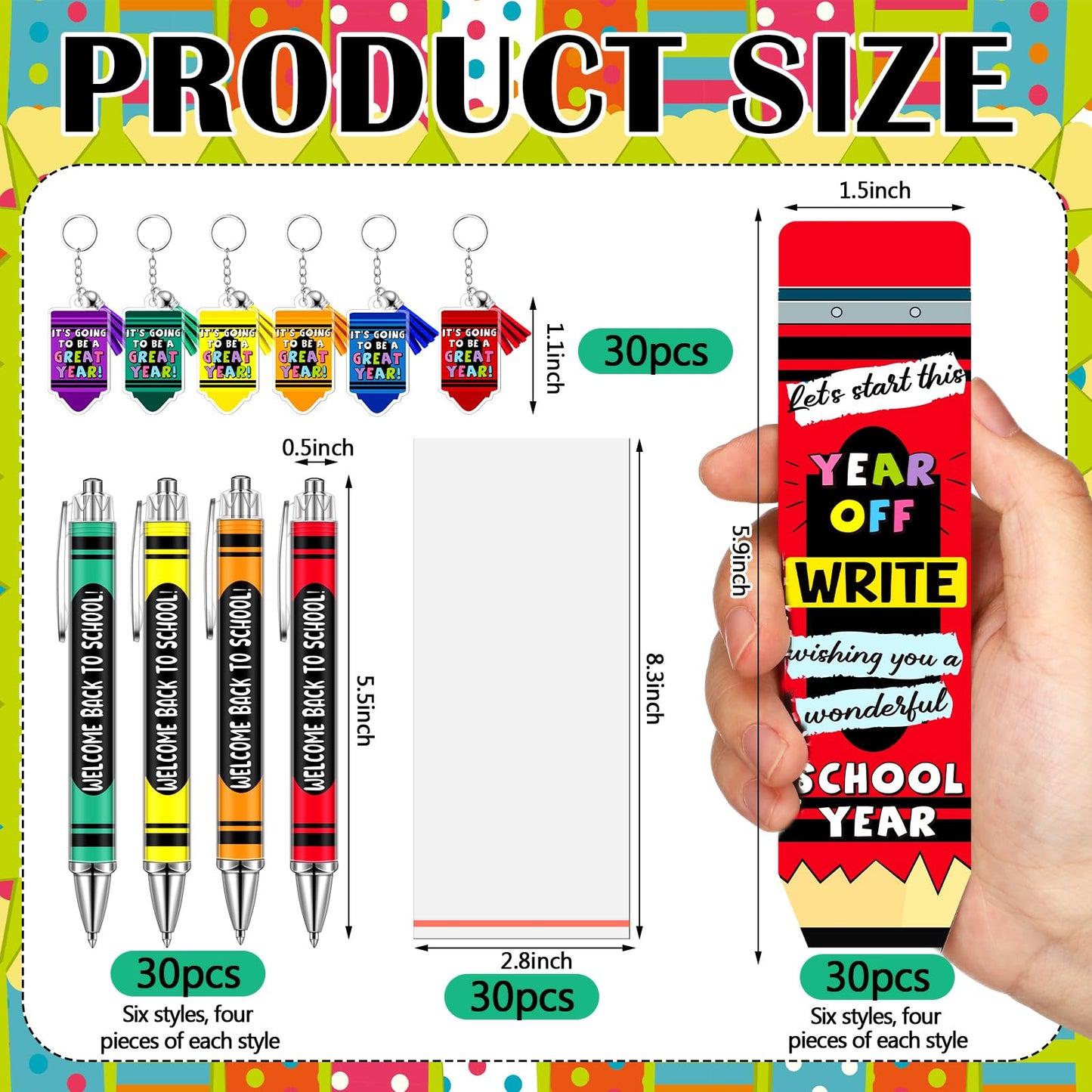 Tenceur 30 Set Bulk Back to School Gifts for Students Crayon Themed Ballpoint Pens Keychains and Cards Set First Day of School Gifts Supplies for Teacher Classroom Rewards Party Favors