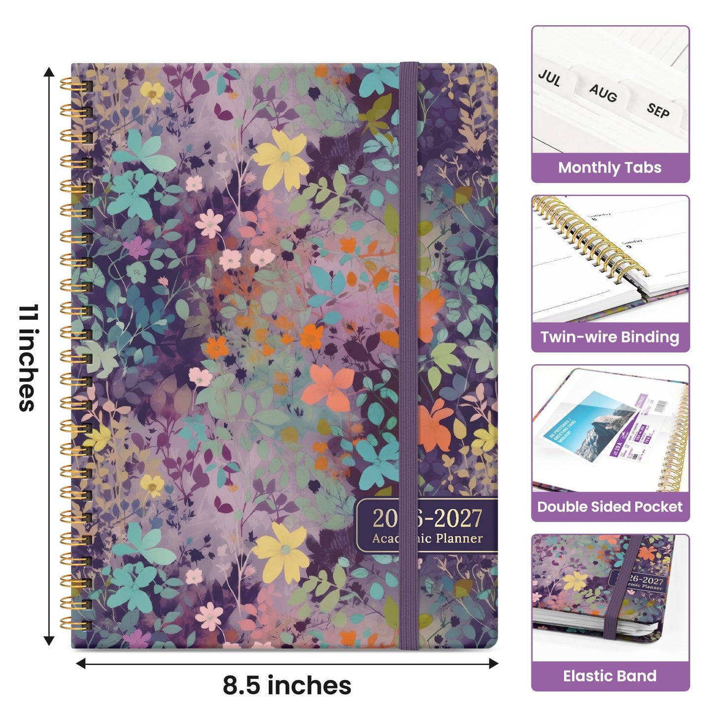 Planner 2026-2027, Academic Year Weekly and Monthly Calender Planner, from Jul 2026 - Jun 2027, Spiral Bound School Planning Book, Perfect for Teacher, Student, Women & Men, A4 (8.5" x 11"), Lavendar Floral