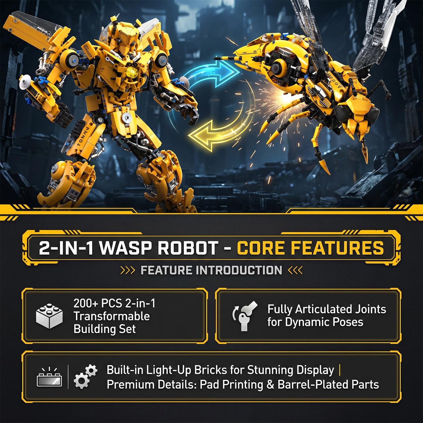 Myth Qholve 2 in 1 Wasp Robot Building Set Transforming Mecha Model Kit with Light-Up Core, Large Sci-Fi Mechanical Insect Display Figure, Advanced Construction Set for Teens and Adults
