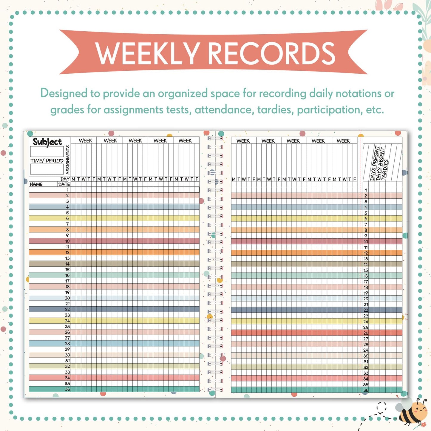 Fuyoooo Teacher Record Book 2026-2027 Spiral Bound Pencil Grade Book for Teachers Lesson Planner Attendance Books for School Classroom 8x11 Double Sided Boho Design Teacher Appreciation Gift