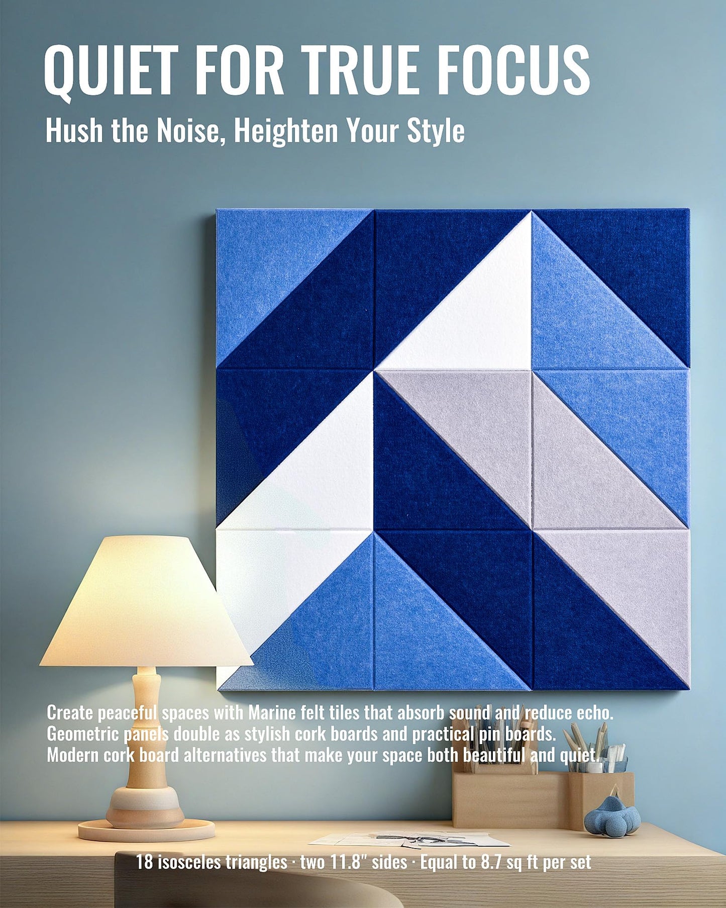 PebblingQ Felt Wall Tiles Bulletin Board, Marine Blue White Panels, Modular Decorative Boards for Home Office, Kids Room, Nursery, DIY Geometric Art Display, 18 Pack 11.8" Triangle Tiles (Marine)