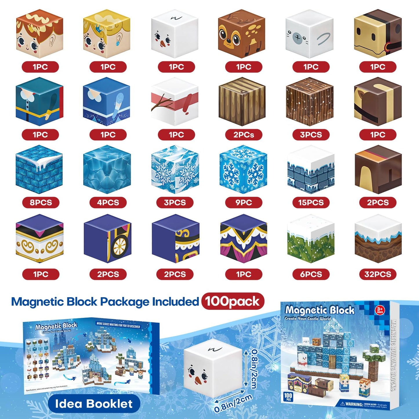 Gryxpox 100pcs Magnetic Blocks, Magnetic Blocks for Kids Ages 4-8, Magnetic Cubes Sets for Frozen Princess Castle Build, Stacking Magnets for Kids, Birthday Gifts for Boys and Girls Age 3+ Years Old