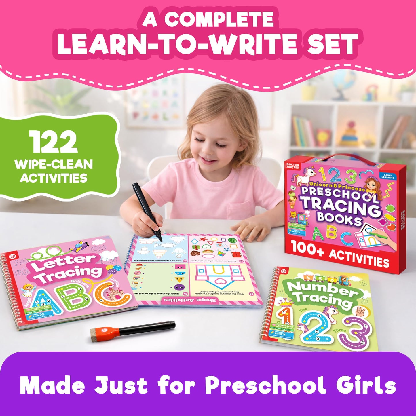 Doctor Jupiter Preschool Tracing Books for Toddlers, 3+ Year Old Kids |Learning Activity Books, Unicorn & Princess Educational Toys, 100+ Wipe Clean Preschool & Kindergarten Activities