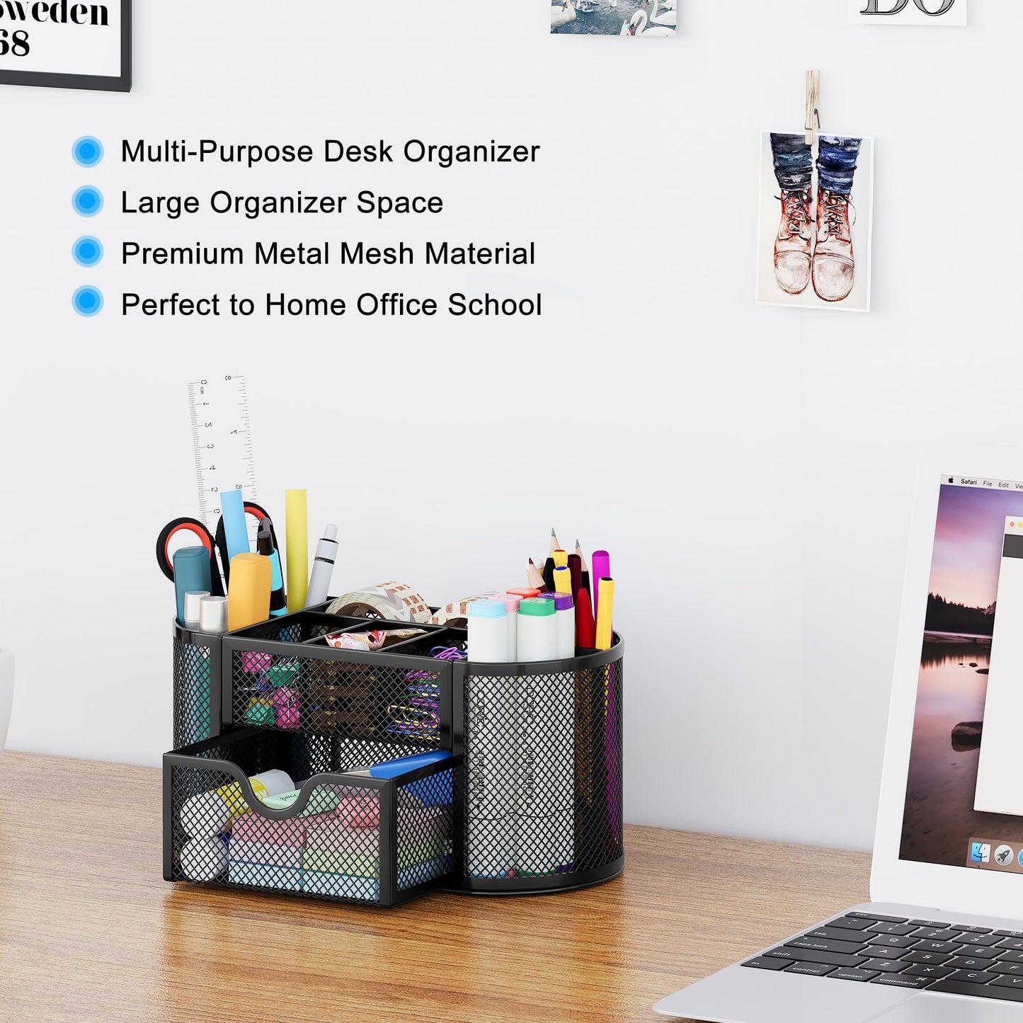 EasyPAG Mesh Pen Holder Desk Organizer with Drawer Stationery Supplies Organizer for Dorm School 9 Compartments Workspace Desk Accessories Organization for Office, Black