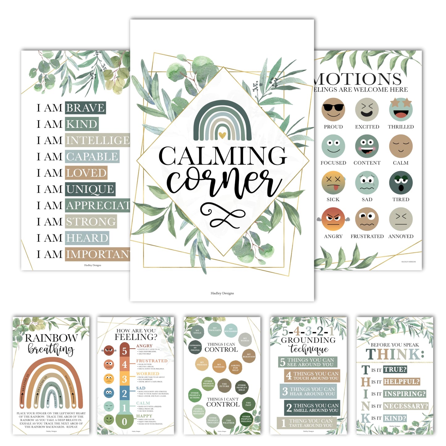 Hadley Designs 8 Calming Corner Posters for Classroom Must Haves -Calm Down Corner Supplies with Emotions Chart,School Counselor Mental Health Poster, Feelings Chart For Kids, Greenery Classroom Decor