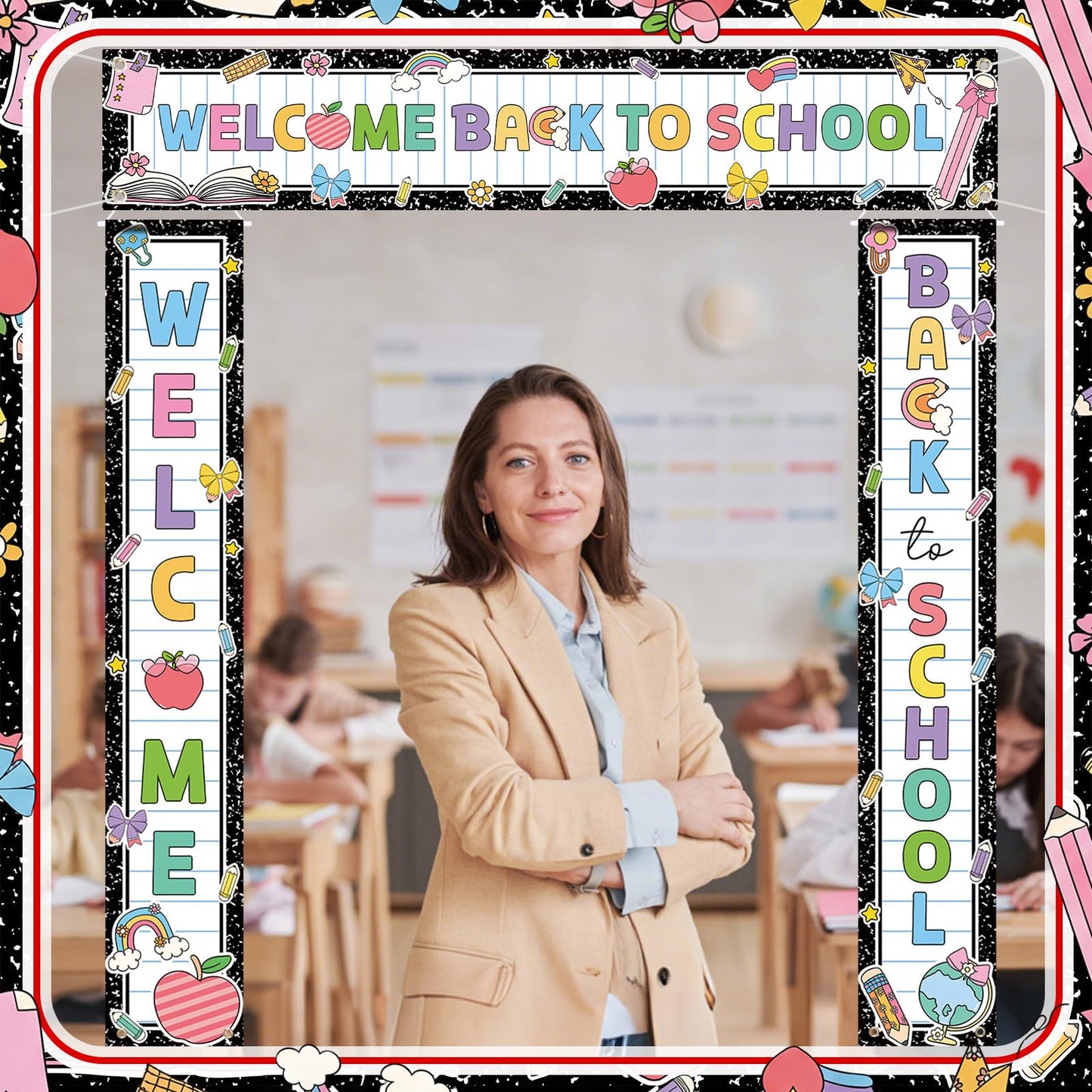 Fanfanwin 3 Pcs Welcome Back to School Banner Pastel Composition First Day of School Decoration Learning Party Supplies for Teacher Kindergarten Primary Classroom Decoration
