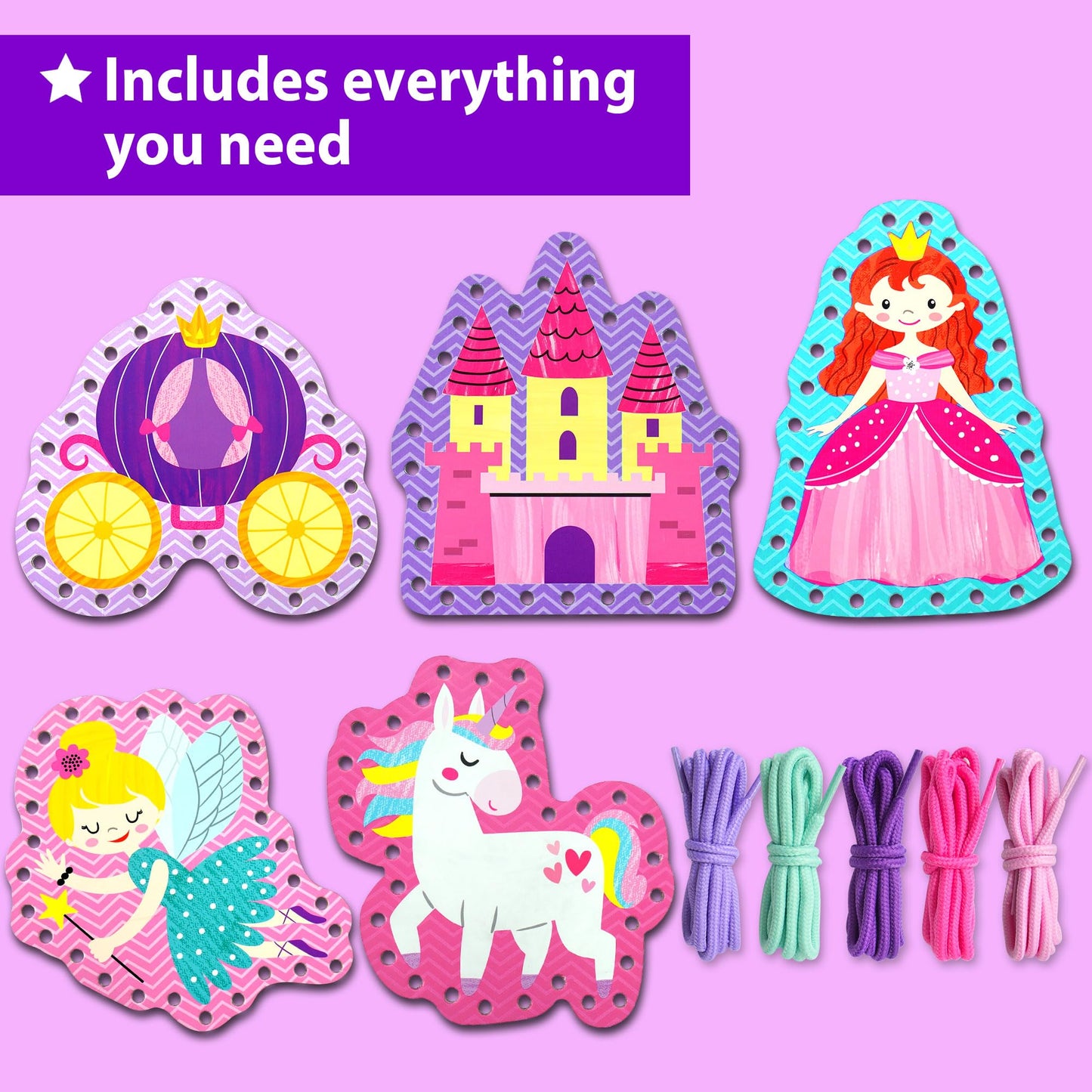 KRAFUN My First Lacing Cards Kit for Toddlers & Girls Age 3+, 5 Princess Unicorn Arts & Crafts Projects, Fine Motor Skills Toys, Beginner Activity Set with Princess Unicorn Castle Fairy Crown