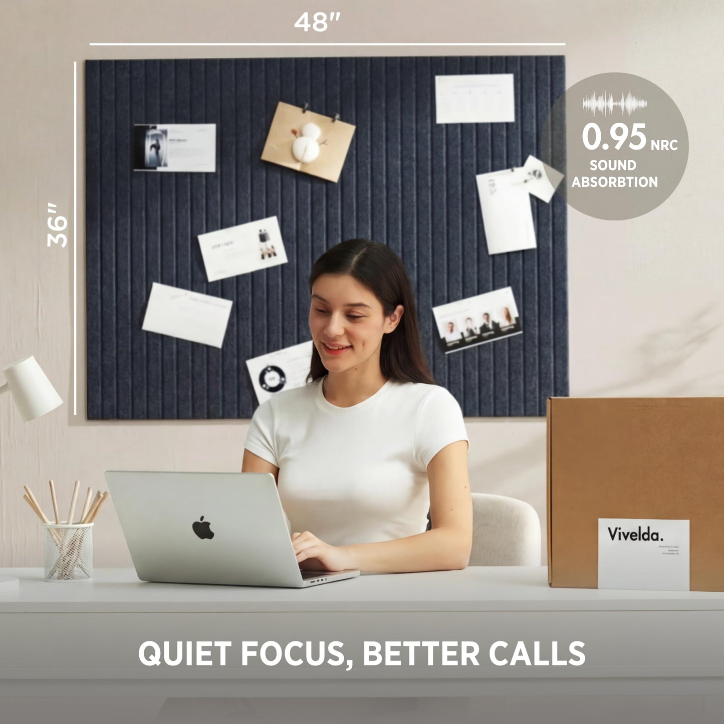 VIVELDA Felt Bulletin Board Tiles 48"x36" - 12-Pack Cork Board Alternative, OEKO-TEX Certified, NRC 0.95 Acoustic Wall Panels, Damage-Free Adhesive, Slatted Design, Home Office & Classroom (Moonstone)