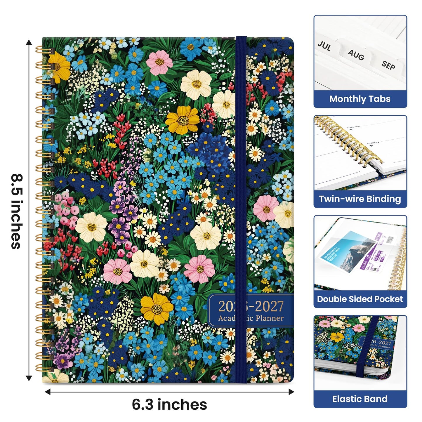 Planner 2026–2027, Weekly & Monthly Academic Organizer for School Year, Jul 2026–Jun 2027, Hardcover Planner with Tabs, Back to School Essential, 6.3" x 8.5", Wildflower Meadow
