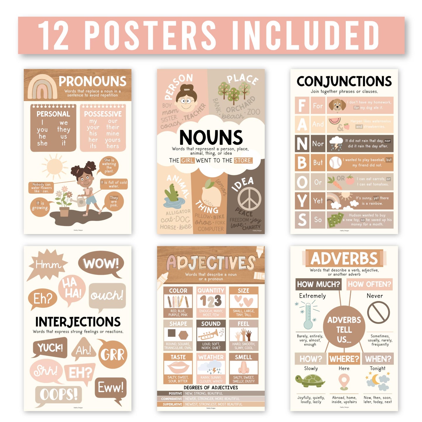 Parts of Speech Posters for Classroom Must Haves - 12 Grammar Posters, Writing Process for Homeschool, Elementary & Middle School, ELA 3rd 4th & 5th Grade Teacher Must Haves, Boho Classroom Decor