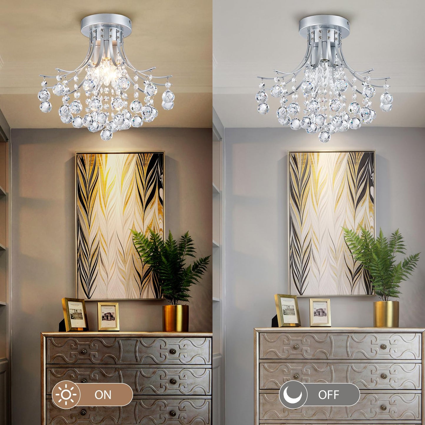 Bestier Modern Silver Crystal Semi-Flush Mount Chandelier, 13.5in D x 11.6in H, Requires 3 E12 Bulbs, for Dining Room/Bathroom/