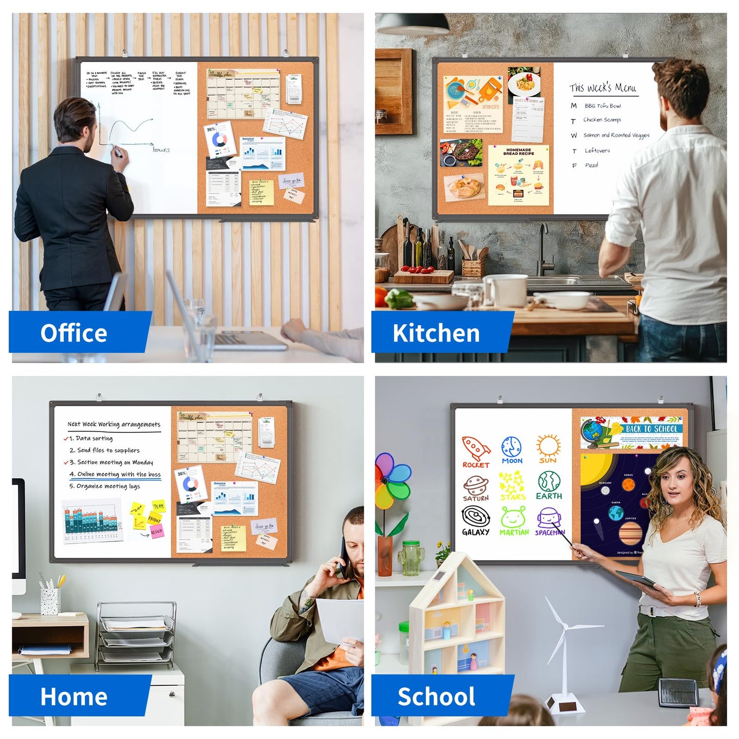 Magnetic White Board and Cork Board Combo, 36 X 24 inches Whiteboard Bulletin Combination Board, Wall Mounted Dry Erase Message Board for Home, School and Office, Black
