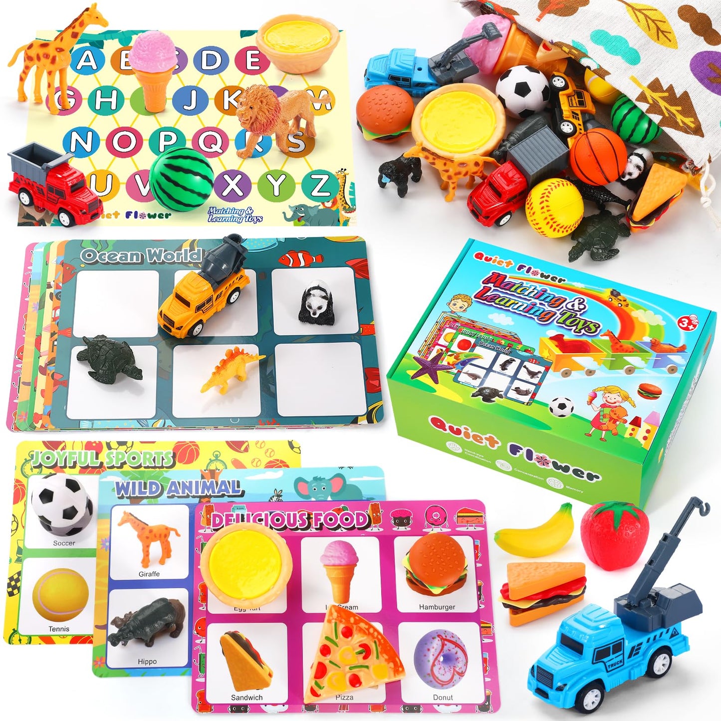 Quiet Flower 59 Pcs Sorting Toys for Toddlers 3-5, Dinosaur & Vehicle Matching Game with Flashcards, Sensory Educational Materials for Autism & Speech Development, Preschool Fine Motor Activities Gift