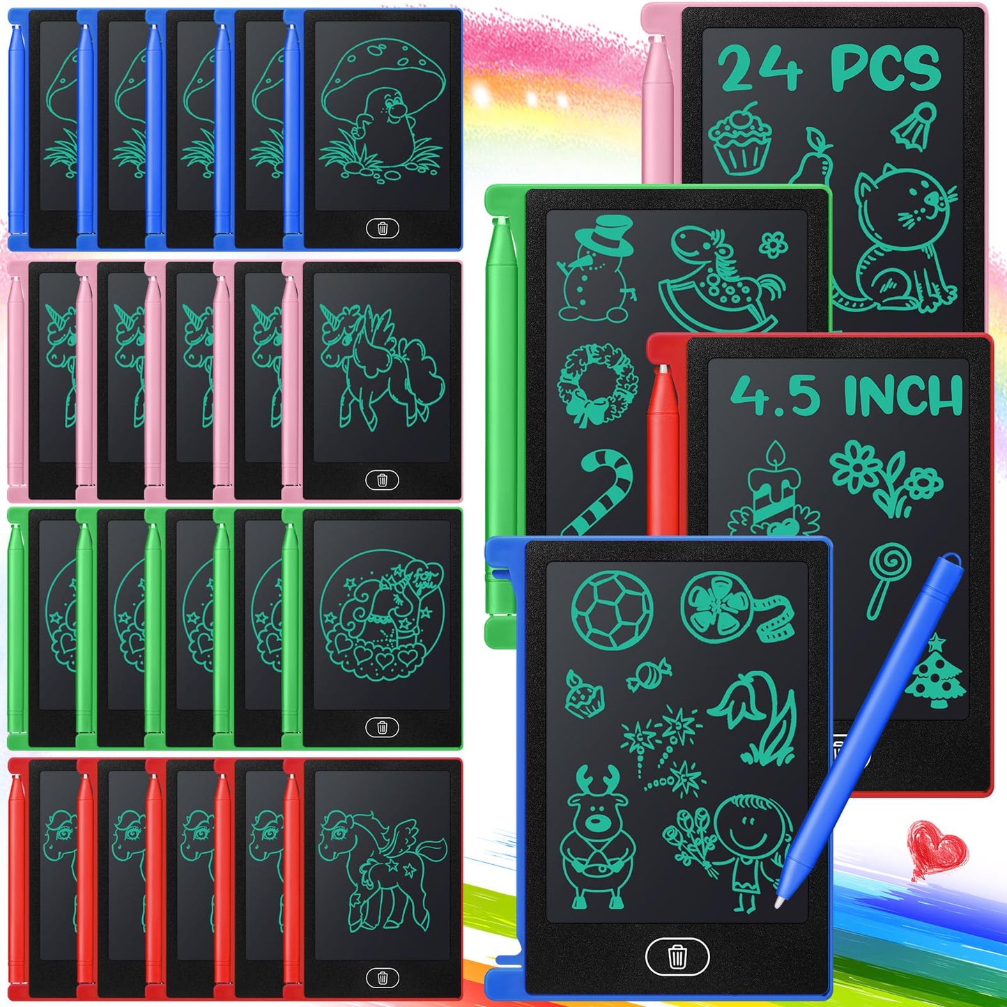 Zhehao 24 Pack LCD Mini Writing Tablet for Kids 4.5 Inch Doodle Board Bulk Erasable Reusable Electronic Drawing Pad Birthday Party Favors Goodie Bag Classroom Gifts(Blue,Pink,Green,Red)