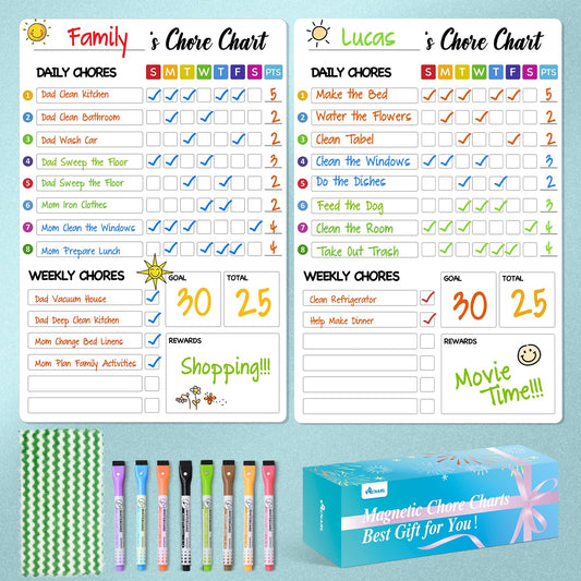 Chore Chart for Kids with 8 Markers, 2 Pack 8"x12" Dry Erase Chore Chart for Multiple Kids, Behavior Chart for Kid at Home, Responsibility Chart for Children/Teens/Adults, Magnetic White Chore Board