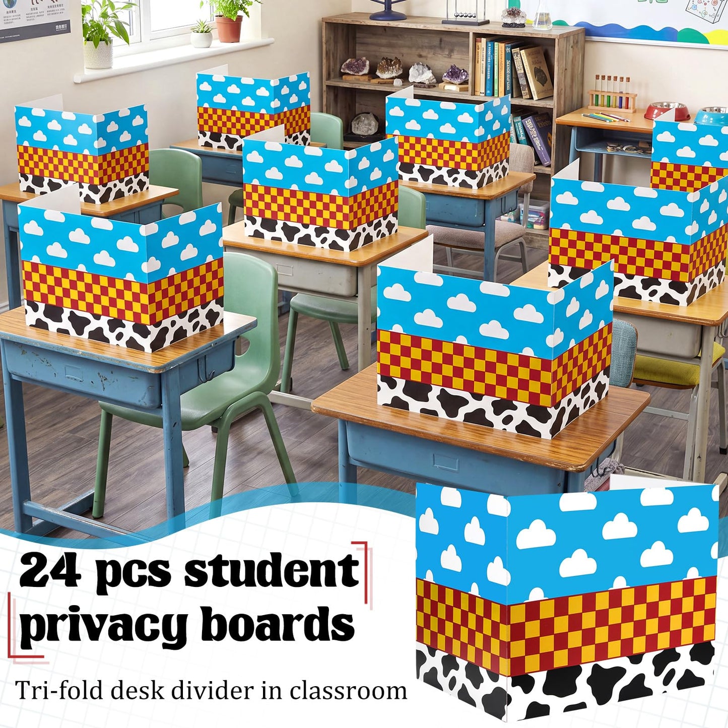 SATINIOR 24 Pcs Privacy Folders for Students, Desk Dividers for Classroom Testing, Trifold Cardboard Privacy Boards, Study Carrels Panel School Teacher Supplies(Cloud and Cow Style,White and Blue)