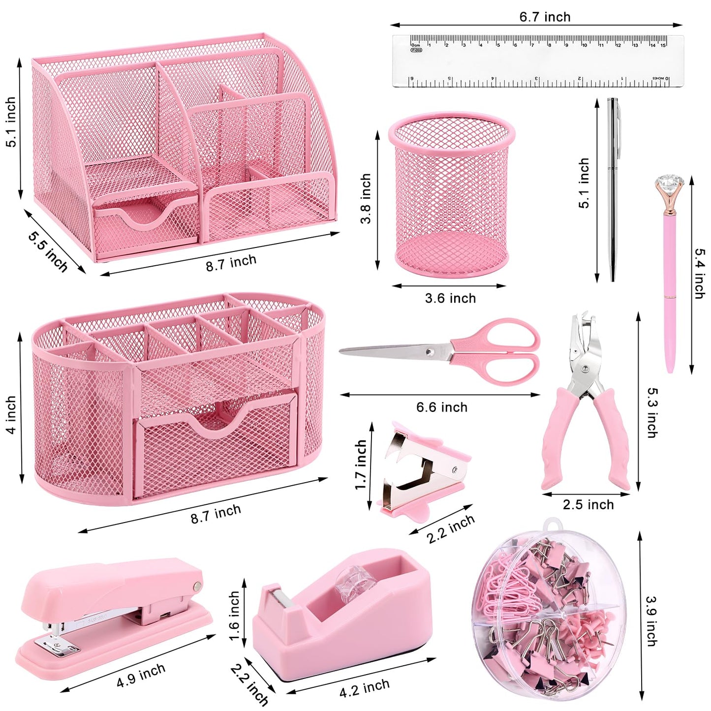 17 in 1 Pink Desk Organizers and Accessories Set, 3 Office Desk Supplies Storage Organization, 4 Pens, Stapler, Staples & Remover, Tape & Dispenser, Scissors, Ruler, Clips, Hole Punch, Back to School