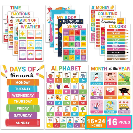 16 Pcs 16”x24” Large Educational Posters for Classroom Decor-Educational Posters for Toddlers 1-3 Learning Poster for Boys Girls Ages 3-5,Kindergarten Preschool Classroom Teacher Must Haves Colorful