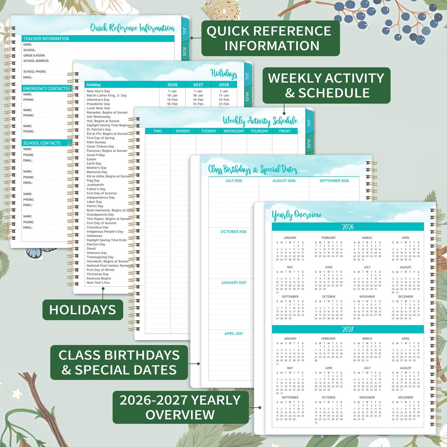 Teacher Planner 2026-2027 - Teacher Lesson Planner 2026-2027, 8.3" x 11", Jul.2026 - Jun.2027, Academic Planner, Weekly & Monthly Lesson Plan Book for Teachers with Back pocket, Colorful Tabs - Floral