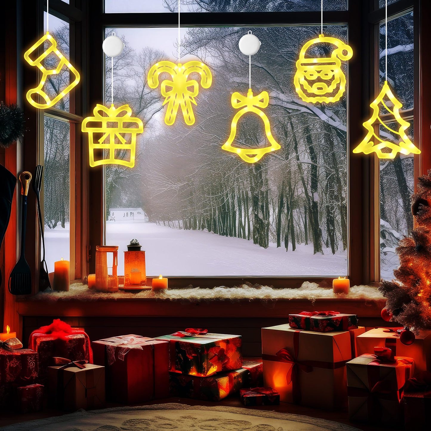 Gejoy Christmas Window Lights - 6 Pcs Warm White Acrylic Silhouette with Timer, Battery Operated, Classic Style Decor for Indoor/Outdoor
