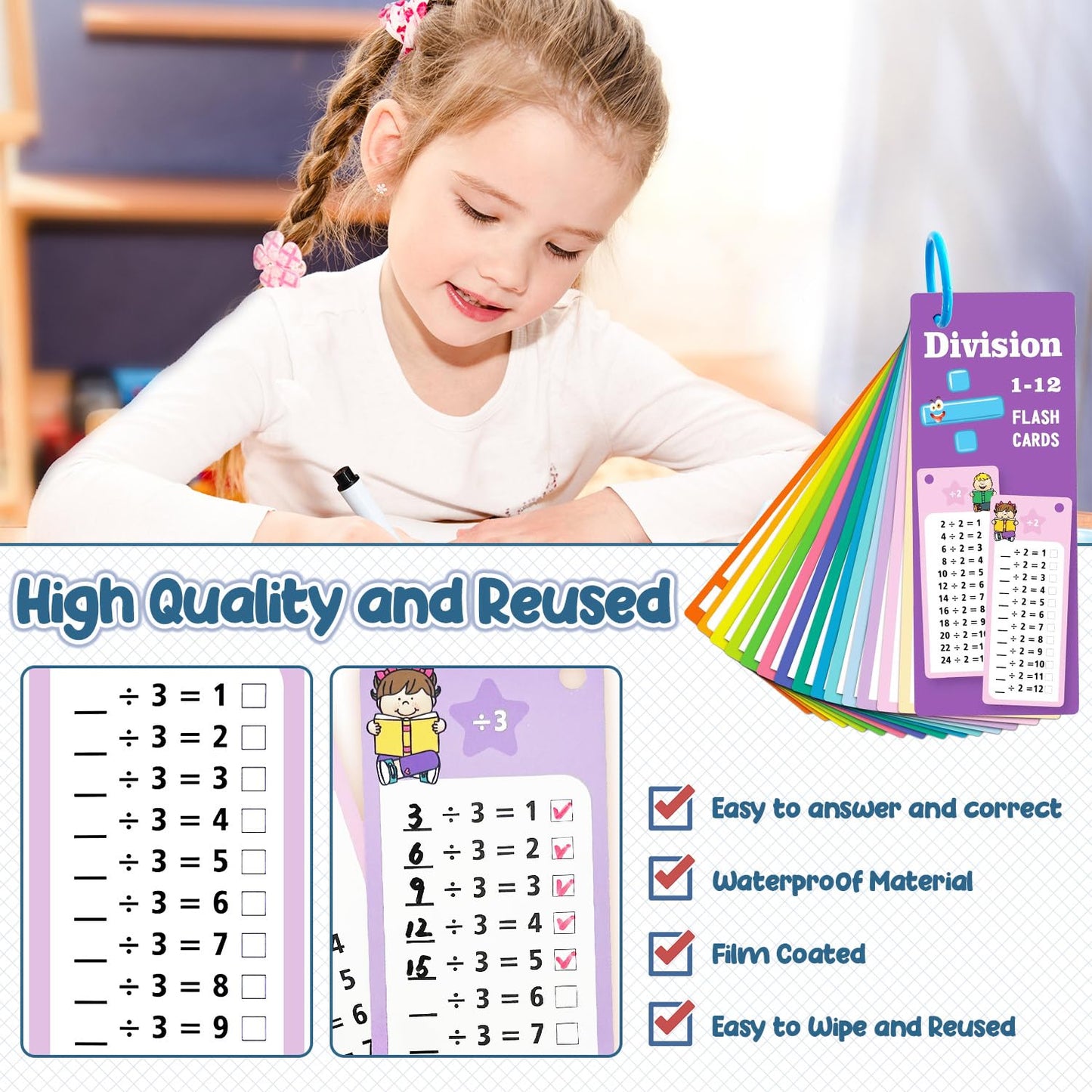 Anemeeoke 30Pack Multi Math Flash Cards, Multiplication Division Flashcard, with 2 Dry Erase Markers, 2 Rings, Educational Times Table Flashcards for Classroom Home