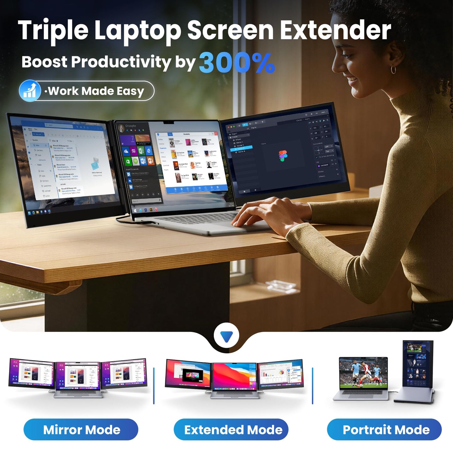 CIDETTY New Upgrad Laptop Screen Extender Monitor Portable, Ultra Light & Thin Triple Portable Monitor for Laptop 1080P FHD IPS Display for 13-17" Laptop, Plug & Play Compatiable with Win/Mac/Chrome